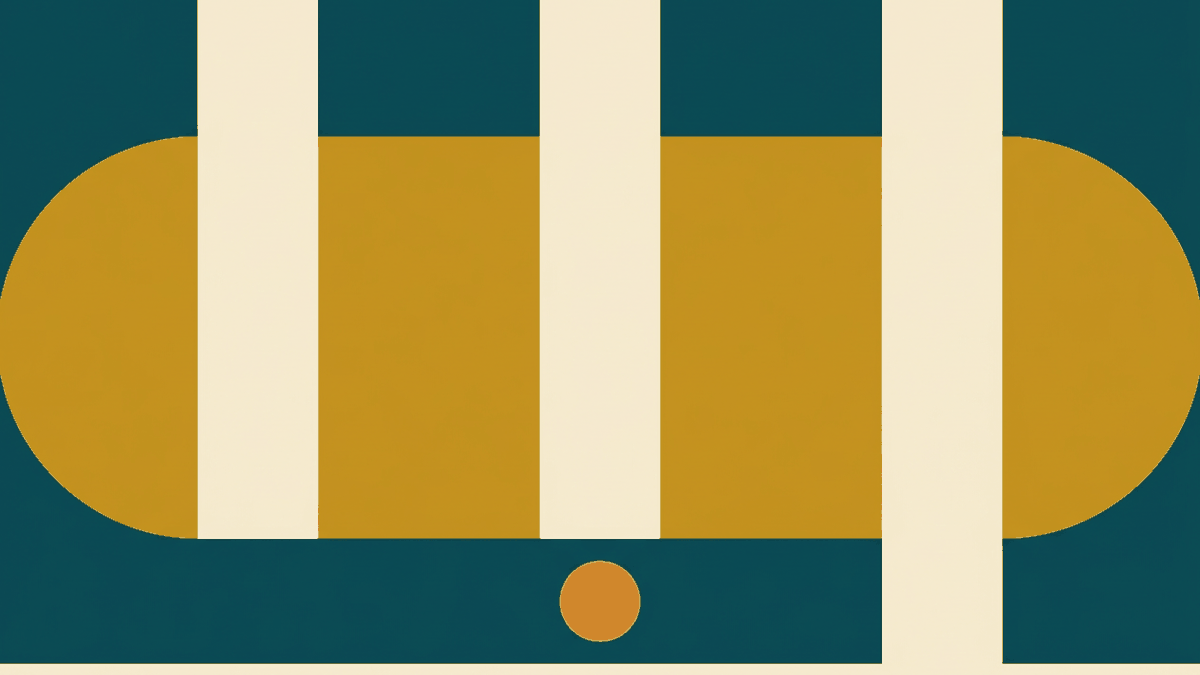 Flat illustration of a train carriage window with a berth curtain and a folded ticket, deep teal and gold