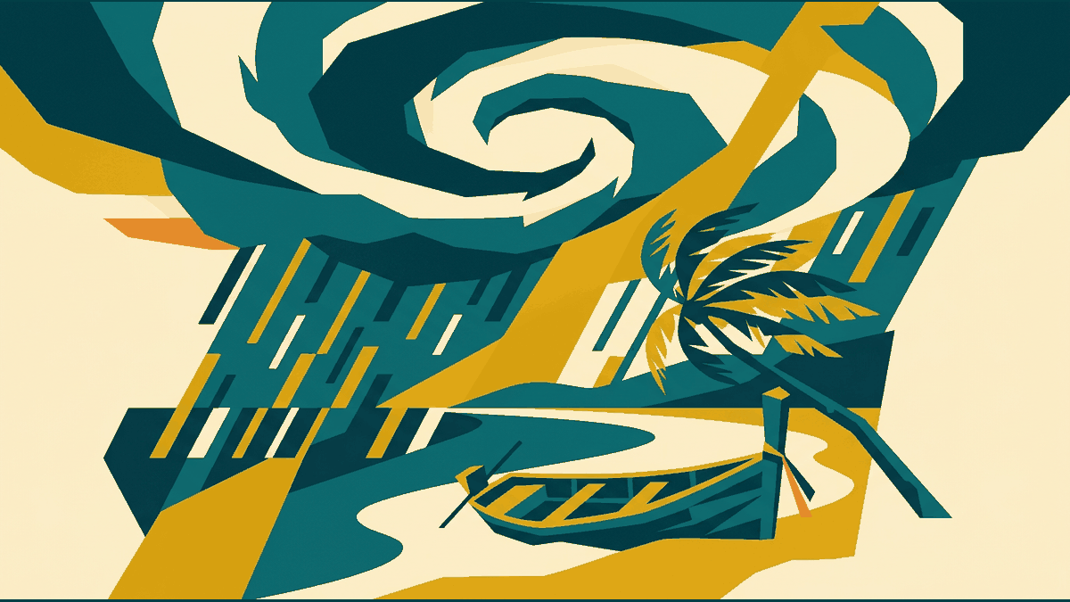 Flat illustration of a spiral storm over a coastline, a beached longtail boat and rain bands, deep teal and gold
