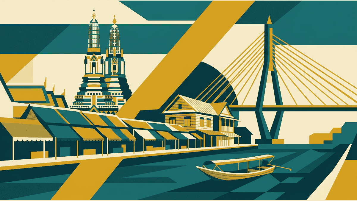 Flat illustration of a riverside market, a golden temple spire, a wooden longtail boat and a bridge, deep teal and gold