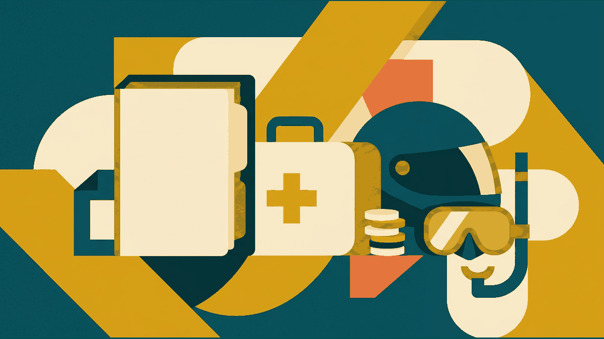Flat illustration of a policy document, a hospital cross, a scooter helmet and a suitcase, deep teal and gold