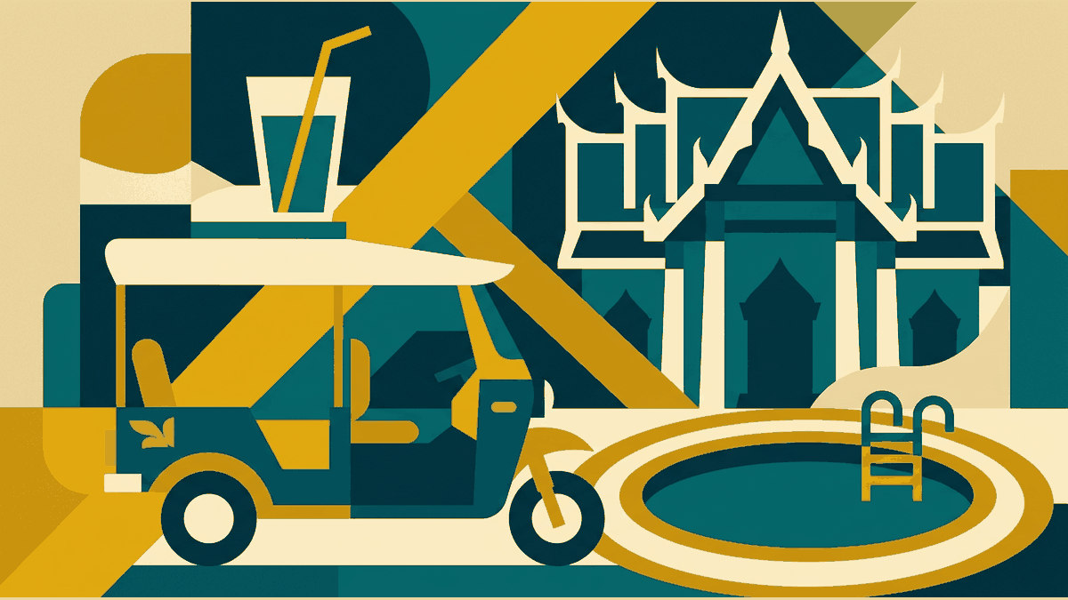 Flat illustration of a tuk tuk, a juice glass, a small swimming pool and a temple gate, deep teal and gold