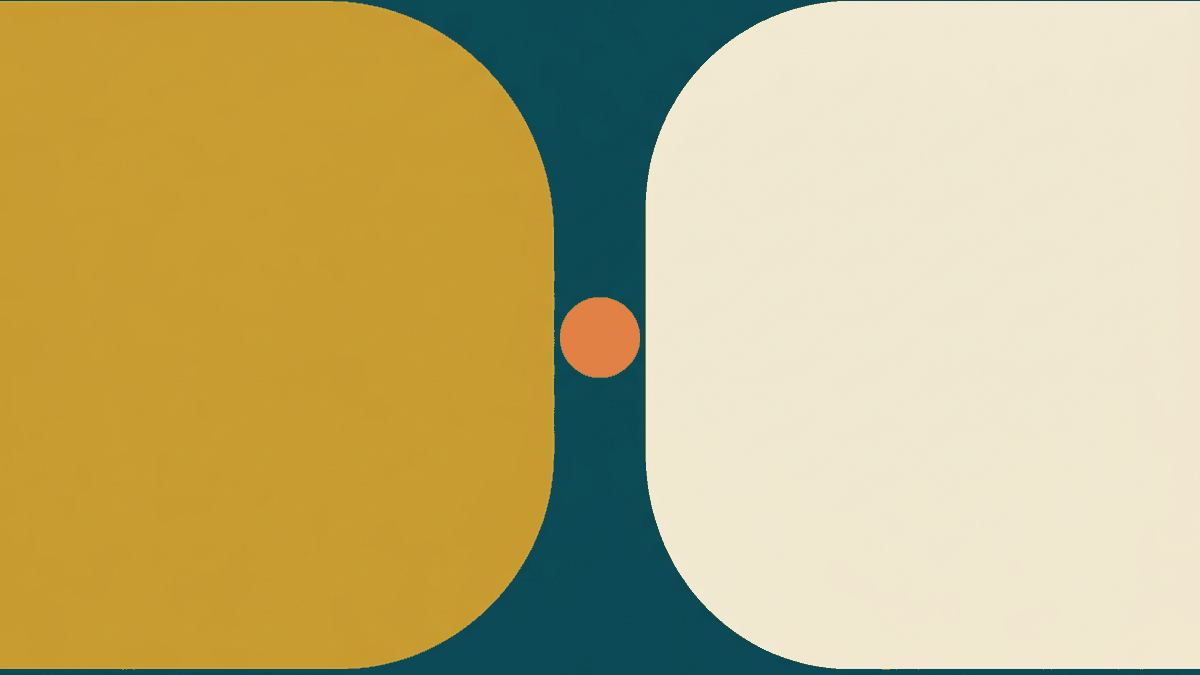 Flat illustration of a conversation between two people with simple speech bubbles and a market stall between them, deep teal and gold