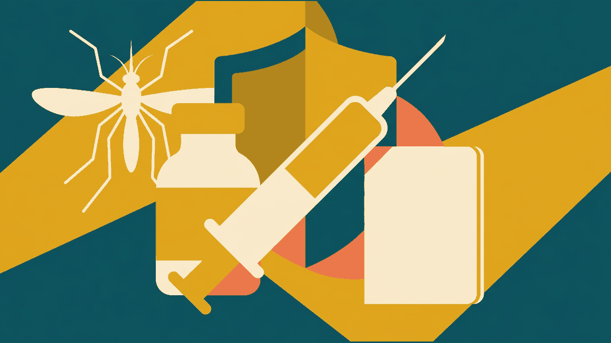 Flat illustration of a vaccine vial, a syringe, a mosquito and a passport, deep teal and gold