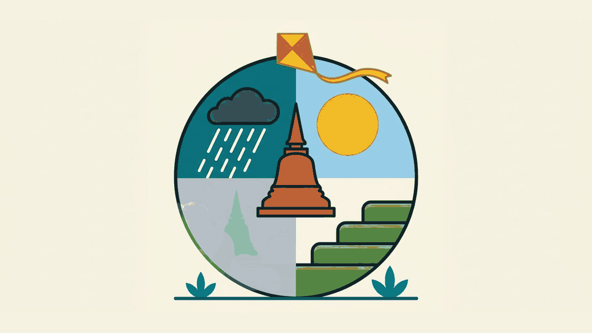 Flat geometric illustration of a map of Thailand split into weather zones, a bright sun, a rain cloud, green paddy terraces and grey haze, in teal, mustard, terracotta and cream