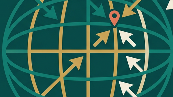 Abstract illustration of a world map with a single entry stamp landing on Thailand, in deep teal and gold