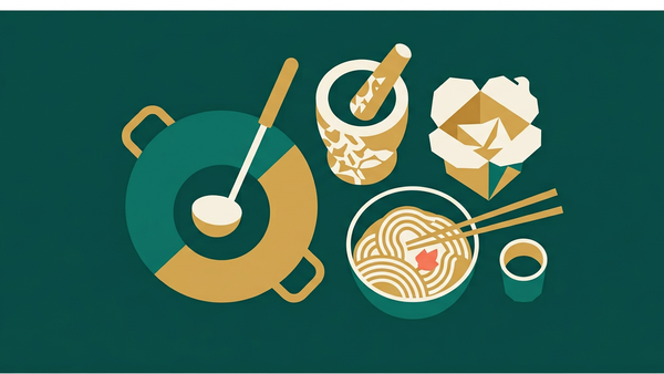 Abstract illustration of a wok, a mortar and pestle, and a noodle bowl in deep teal, gold and coral