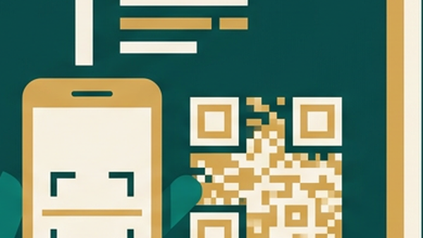 Abstract illustration of a mobile phone scanning a QR code at a doorway, in deep teal and gold