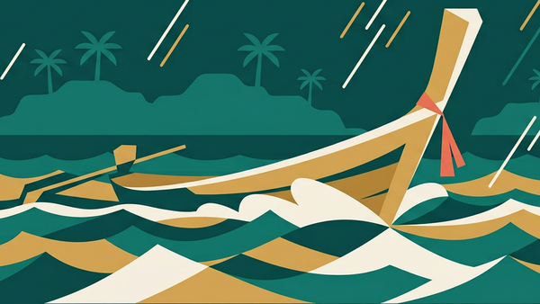 Abstract illustration of a longtail boat cutting across layered sea and island silhouettes in deep teal and gold