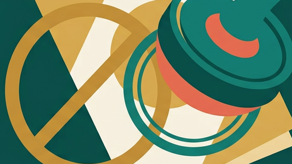 Abstract illustration of a passport stamp being crossed out and restamped, in deep teal and gold