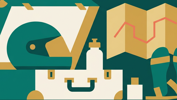 Abstract illustration of a suitcase, a motorbike helmet and a temple spire in a calm travel still life, deep teal and gold