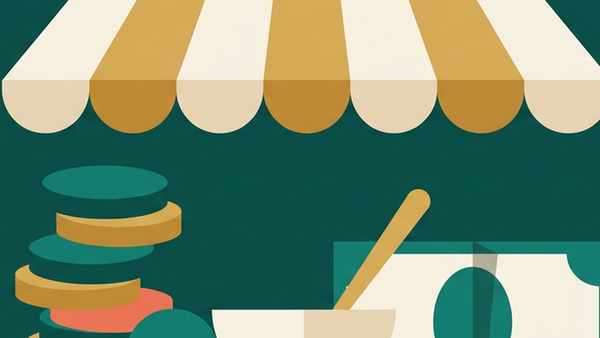 Abstract illustration of coins, a market stall and a noodle bowl arranged in a calm geometric still life, deep teal and gold