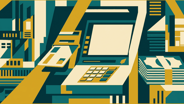 Flat illustration of a bank card, an ATM machine, a keypad and a stack of banknotes, deep teal and gold