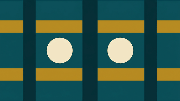 Flat illustration of elevated train tracks crossing over a city skyline with ticket cards below, deep teal and gold