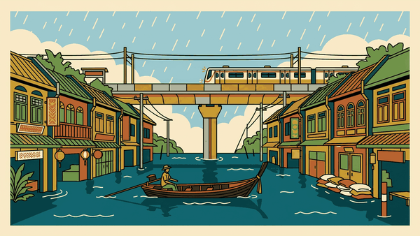 Flat geometric illustration of a flooded Bangkok street with a raised Skytrain track above the water, a longtail boat, sandbags and rain over low-rise buildings, deep teal, mustard and cream
