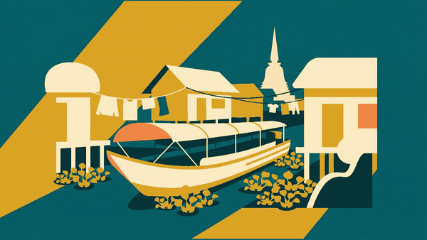Flat illustration of a canal boat passing stilt houses, water hyacinth and a temple spire, deep teal and gold