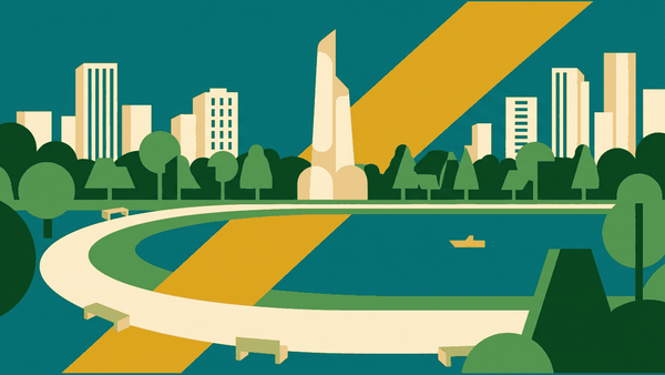 Flat illustration of a city park with a monument, runners, a lake and skyscrapers behind, deep teal and gold