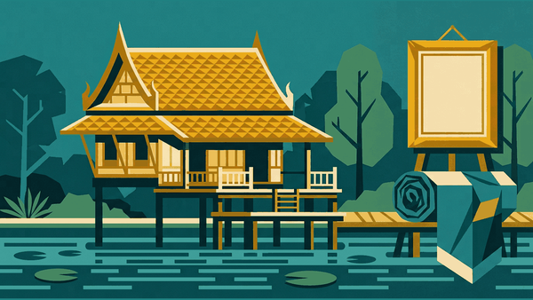 Flat geometric illustration of a raised teak house on stilts above a canal, a gallery wall with a plain frame, a woven silk bolt and a clay pot, deep teal and gold