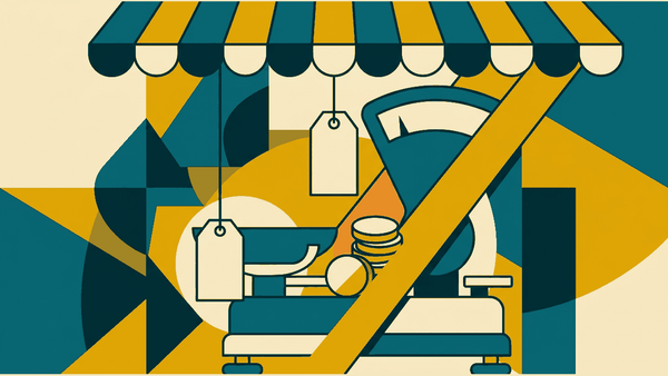 Flat illustration of two price tags, a weighing scale, a stack of coins and a market stall awning, deep teal and gold