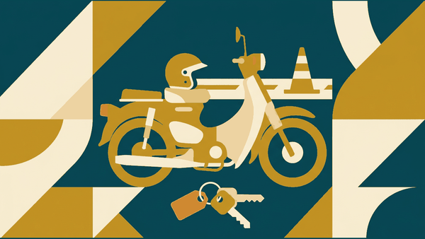 Flat illustration of a motorbike silhouette with a document and a set of keys beside it, deep teal and gold
