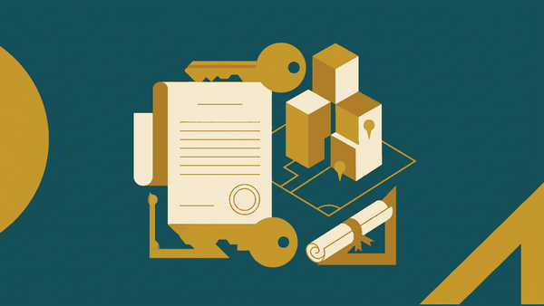 Flat illustration of a land title deed, a key and building blocks on a plot, deep teal and gold