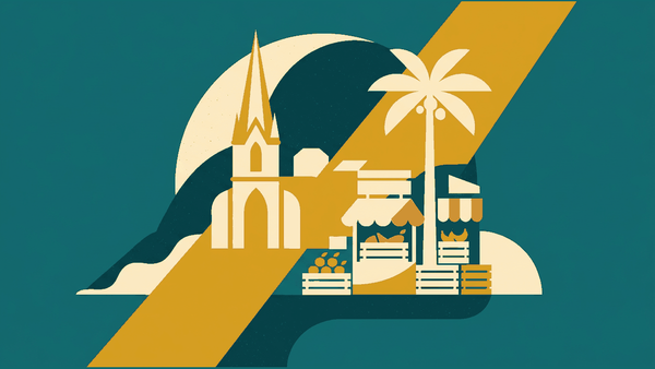 Flat illustration of a moon hill, a riverside cathedral spire, a produce market and a palm, deep teal and gold