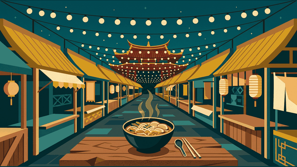 Flat geometric illustration of a covered night market lane with food stalls, string lights, a noodle bowl and a stall roof, deep teal, mustard and warm cream
