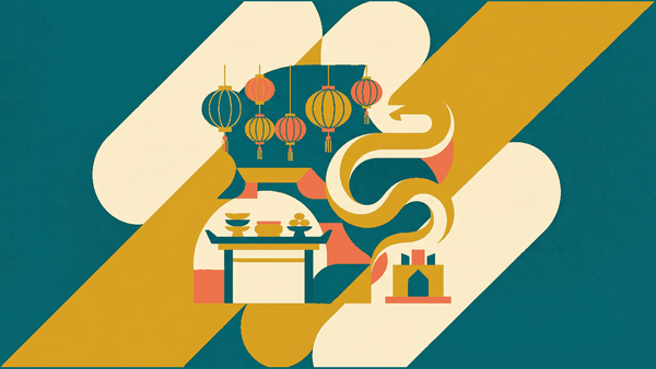 Flat illustration of red lanterns, a dragon dance ribbon, temple offerings and a vegetarian feast table, deep teal and gold