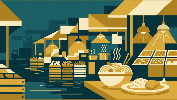 Flat illustration of market food stalls, a noodle bowl, chickens and stacked fruit crates, deep teal and gold