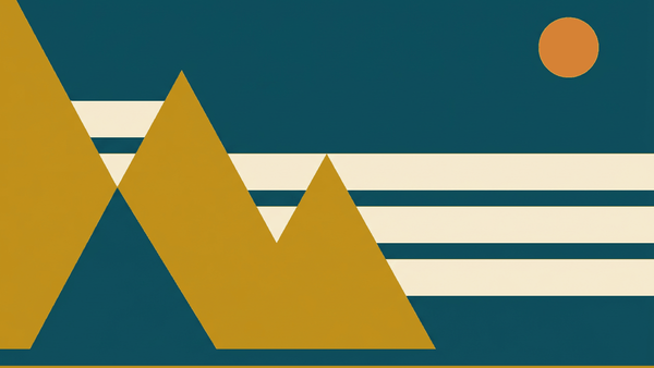 Flat illustration of a mountain summit with a stepped path, mist bands and a waterfall, deep teal and gold