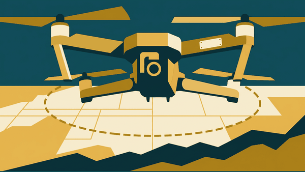 Flat illustration of a camera drone in flight, registration tags and a map grid, deep teal and gold