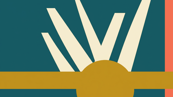 Flat illustration of an overnight coach parked at a pier beside a ferry ramp, with palm trees, deep teal and gold