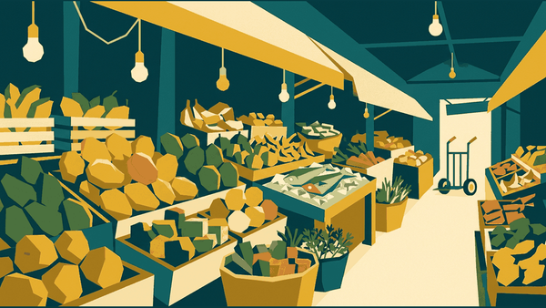 Flat geometric illustration of a busy covered market aisle with stacked fruit, baskets of vegetables, a fish slab on ice and hanging lamps, deep teal, mustard and cream