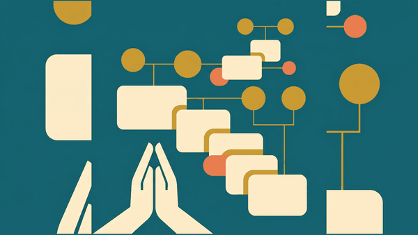 Flat illustration of a name card, a handshake shape and a family tree of abstract connected circles, deep teal and gold