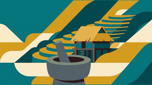 Flat illustration of a Mekong riverbank, a thatched-roof house, mortar and pestle and a rice field, deep teal and gold