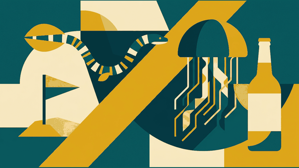 Flat illustration of a banded sea snake, a jellyfish bell, a warning flag on a beach and a vinegar bottle, deep teal and gold