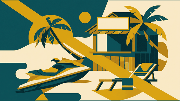 Flat illustration of a jet ski on a beach, a drinks shack with a price board and a folded towel, deep teal and gold