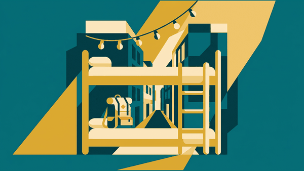 Flat illustration of a backpack, a hostel bunk, a string of lights and a street, deep teal and gold