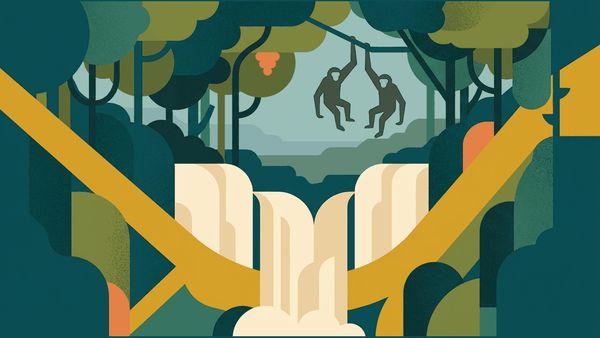 Flat illustration of a forest canopy, a waterfall, gibbons in a tree and a misty ridge, deep teal and gold