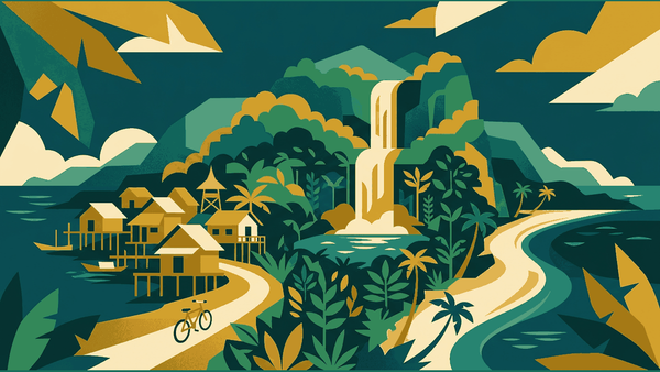 Flat illustration of a jungle island, a waterfall, a fishing village and a bicycle, deep teal and gold