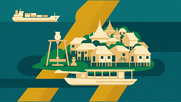 Flat illustration of a river island with a pottery wheel, a bicycle, temple roofs and cargo ships, deep teal and gold