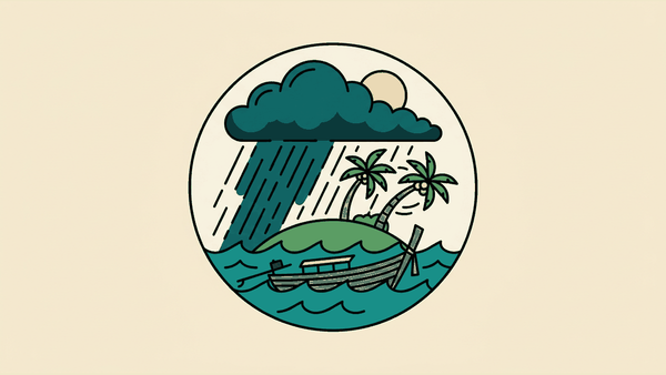 Flat illustration of Koh Samui in November: monsoon rain bands over a Gulf island with palm trees and a moored boat, deep teal, mustard and warm cream