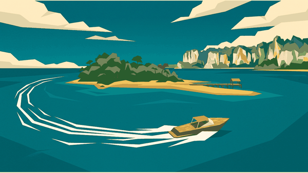 Flat geometric illustration of a small speedboat cutting across a wide bay to a green island with a sandbar, piers and no buildings, deep teal, mustard and cream