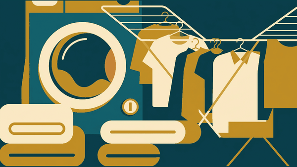 Flat illustration of a washing machine drum, a hanging shirt and a wire drying rack, deep teal and gold