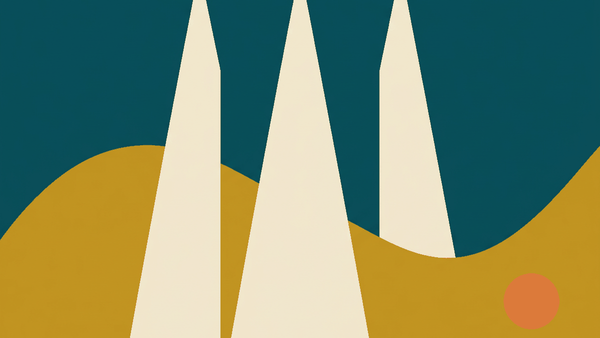 Flat illustration of a longtail boat with a raised prow cutting through turquoise water toward limestone islands, deep teal and gold
