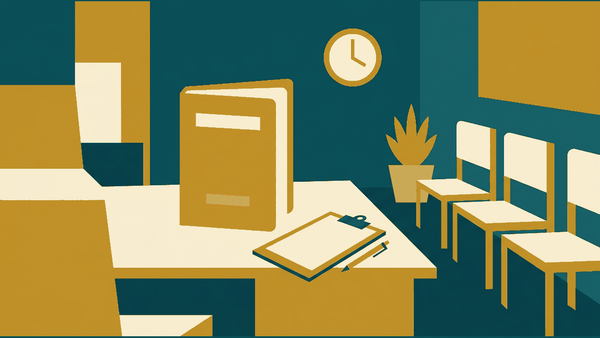 Flat illustration of a passport, a police report form, a queue of chairs and a replacement stamp, deep teal and gold
