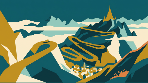 Flat illustration of a winding mountain road with a viewpoint, mist layers and a small town below, deep teal and gold