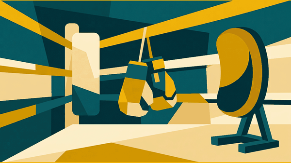 Flat illustration of a training ring, gloves on a rope, a kicking pad and a temple roof, deep teal and gold