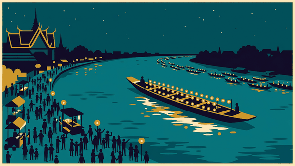Flat geometric illustration of a long boat glowing with lamps on the Mekong at night, lit boats along the far bank and a crowd on the shore, deep teal, mustard and cream