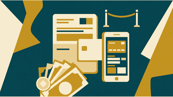 Flat illustration of a bank passbook, a debit card and a mobile banking phone, deep teal and gold