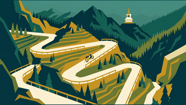 Flat illustration of a mountain road switchback, a scooter and pine trees in layered peaks, deep teal and gold